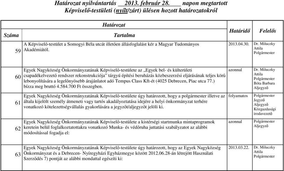 lebonyolítására a legelőnyösebb árajánlatot adó Tempus Class Kft-ét (4025 Debrecen, Piac utca 77.) bízza meg bruttó 4.584.700 Ft összegben.