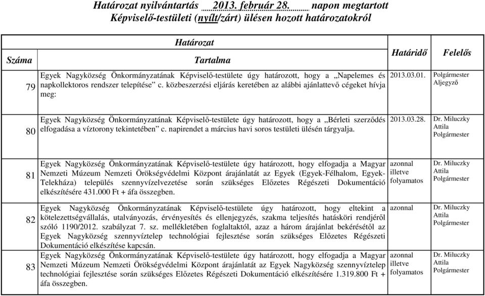 .03.01. Aljegyző 80 Egyek Nagyközség Önkormányzatának Képviselő-testülete úgy határozott, hogy a Bérleti szerződés elfogadása a víztorony tekintetében c.