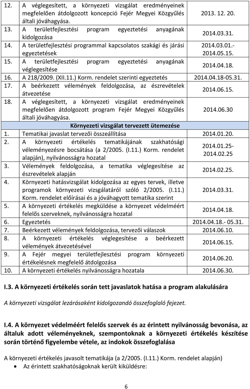 A területfejlesztési program egyeztetési anyagának véglegesítése 2013. 12. 20. 2014.03.31. 2014.03.01.- 2014.05.15. 2014.04.18. 16. A 218/2009. (XII.11.) Korm. rendelet szerinti egyeztetés 2014.04.18-05.