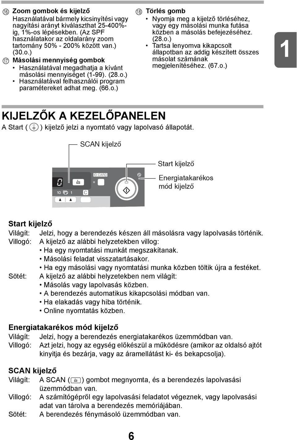 (8.o.) Tartsa lenyomva kikapcsolt állapotban az addig készített összes másolat számának megjelenítéséhez. (67.o.) KIJELZŐK A KEZELŐPANELEN A Start ( ) kijelző jelzi a nyomtató vagy lapolvasó állapotát.