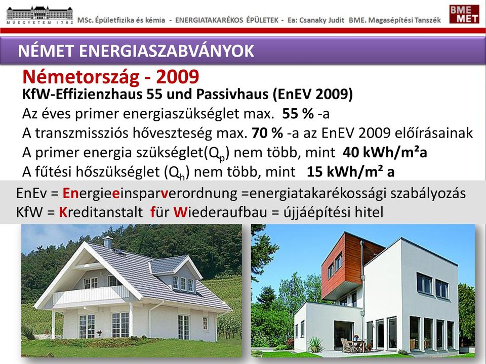 70 % -a az EnEV 2009 előírásainak A primer energia szükséglet(q p ) nem több, mint 40 kwh/m²a A fűtési