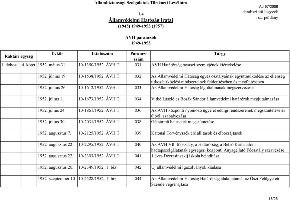 Az Államvédelmi Hatóság légoltalmának megszervezése 1952. július 1. 10-1673/1952. ÁVH T. 034. Vitkó László és Bosák Sándor államvédelmi határőrök megjutalmazása 1952. július 24. 10-1861/1952. ÁVH T. 036.