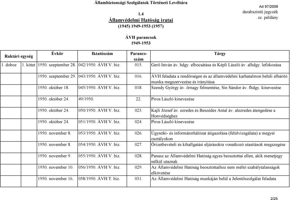 őrnagy felmentése, Sin Sándor áv. fhdgy. kinevezése 1950. október 24. 49/1950. 22. Piros László kinevezése 1950. október 24. 050/1950. ÁVH V. biz. 023. Kajli József áv. ezredes és Beszédes Antal áv.
