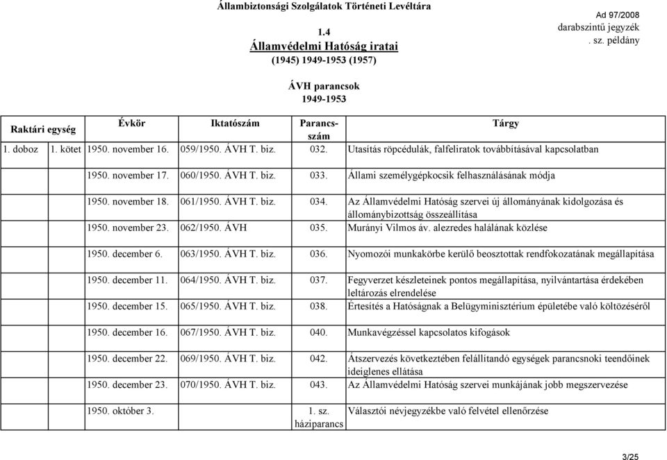 november 23. 062/1950. ÁVH 035. Murányi Vilmos áv. alezredes halálának közlése 1950. december 6. 063/1950. ÁVH T. biz. 036. Nyomozói munkakörbe kerülő beosztottak rendfokozatának megállapítása 1950.