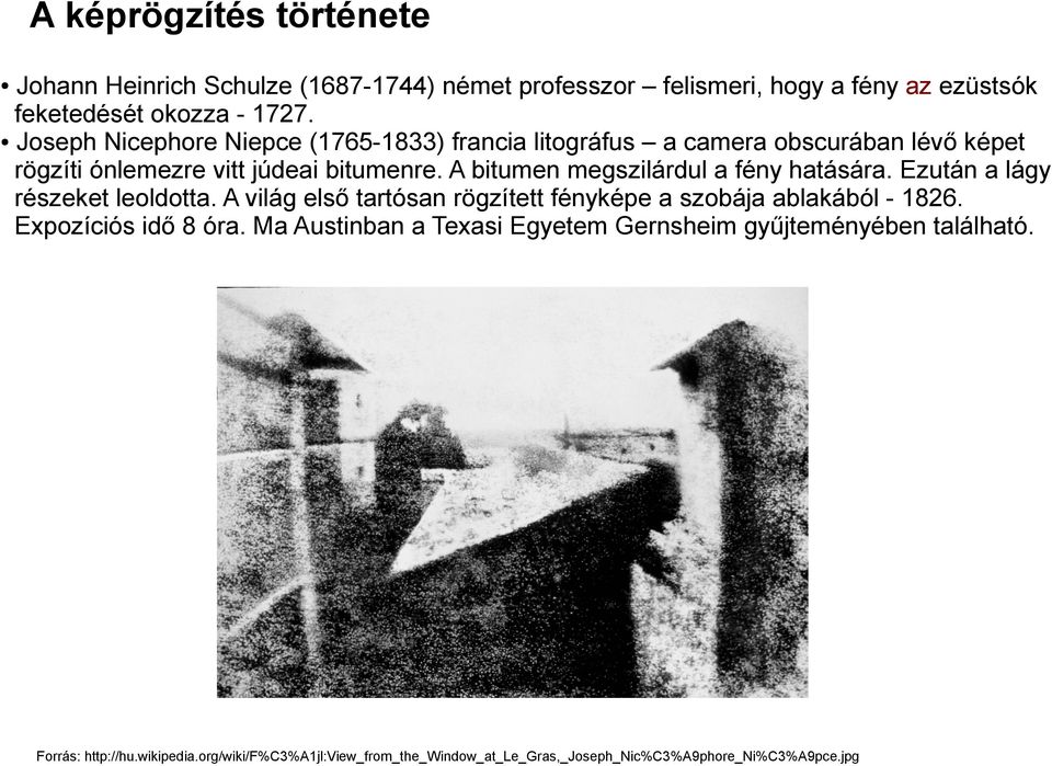 A bitumen megszilárdul a fény hatására. Ezután a lágy részeket leoldotta. A világ első tartósan rögzített fényképe a szobája ablakából - 1826.