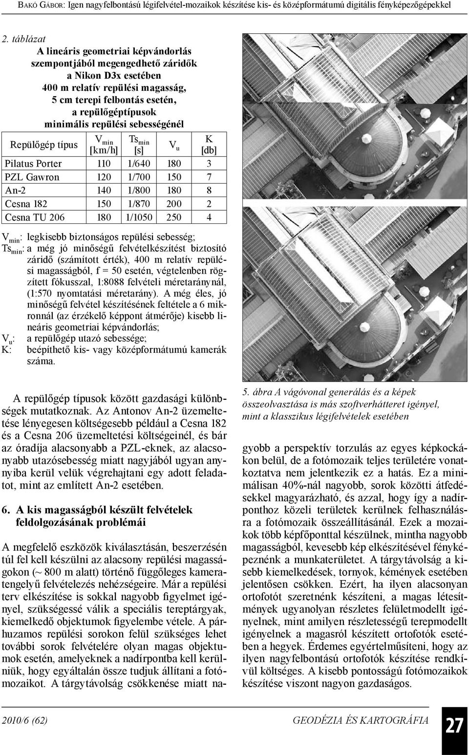 1/1050 250 4 V min : legkisebb biztonságos repülési sebesség; Ts min : a még jó minőségű felvételkészítést biztosító záridő (számított érték), 400 m relatív repülési magasságból, f = 50 esetén,