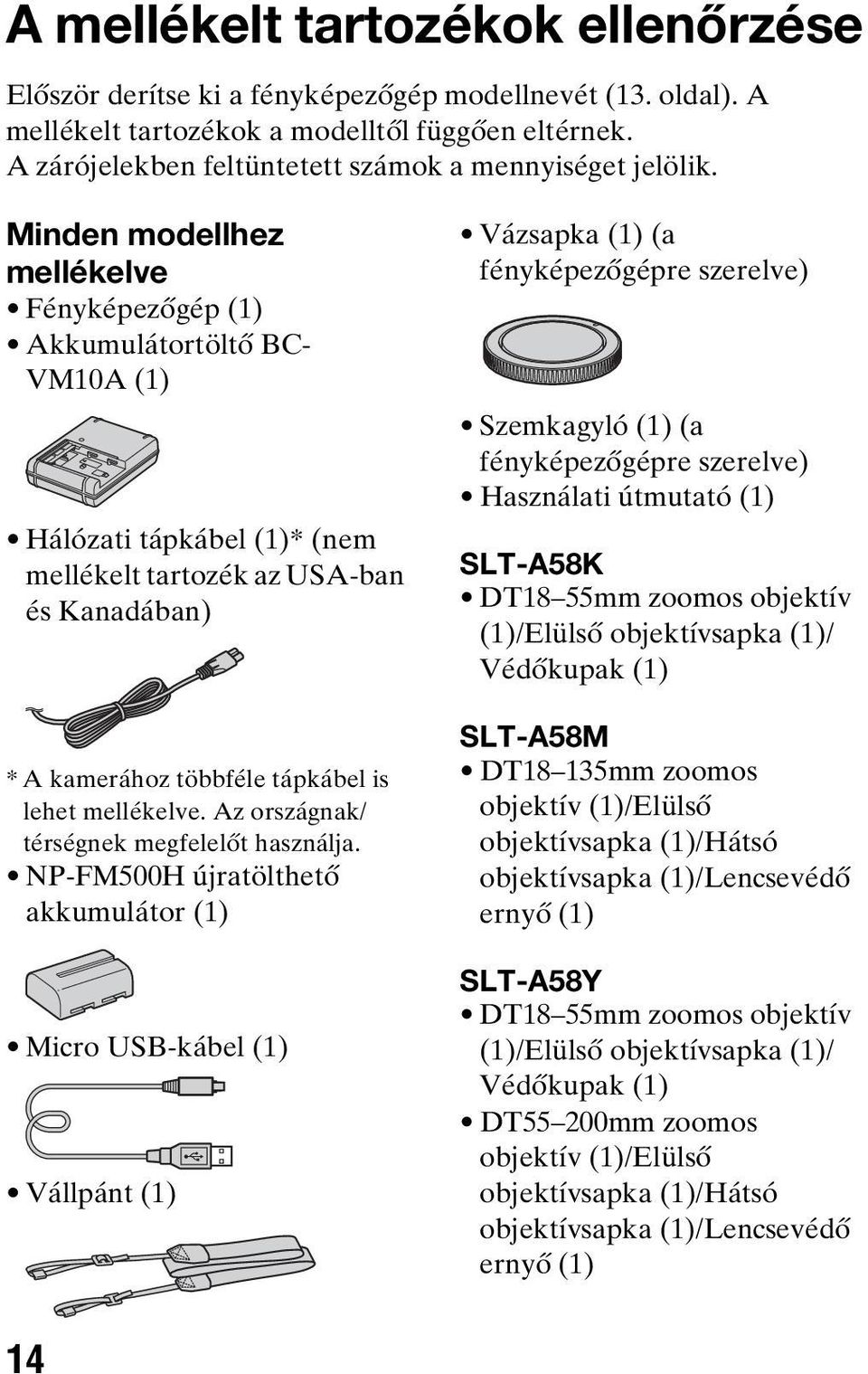 Minden modellhez mellékelve Fényképezőgép (1) Akkumulátortöltő BC- VM10A (1) Hálózati tápkábel (1)* (nem mellékelt tartozék az USA-ban és Kanadában) * A kamerához többféle tápkábel is lehet