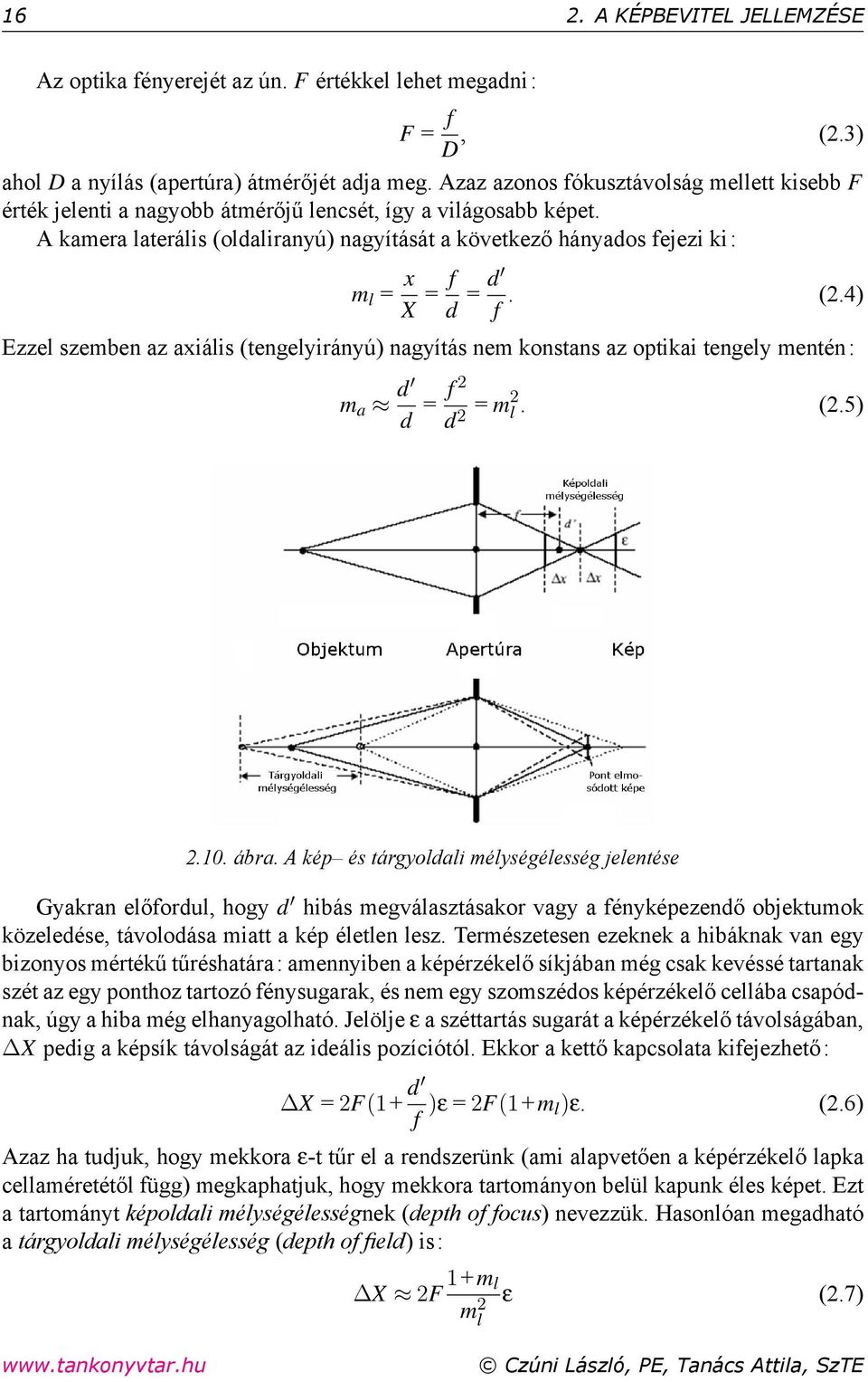 A kamera laterális (oldaliranyú) nagyítását a következő hányados fejezi ki: m l = x X = f d = d f. (2.