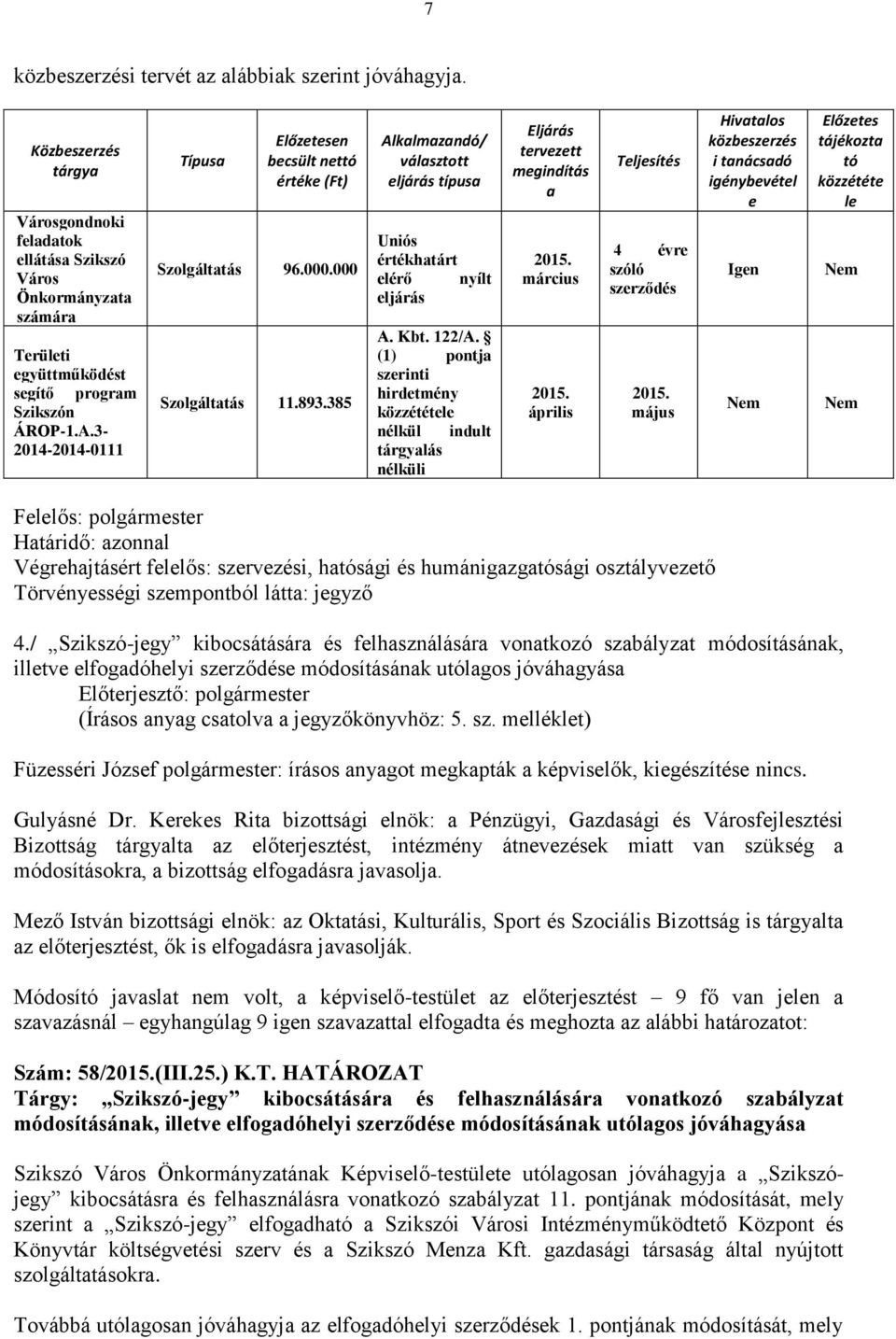 122/A. (1) pontja szerinti hirdetmény közzététele nélkül indult tárgyalás nélküli Eljárás tervezett megindítás a 2015. március 2015. április Teljesítés 4 évre szóló szerződés 2015.