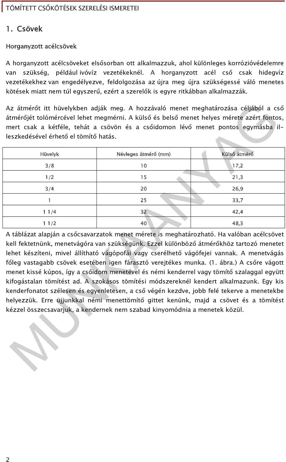 alkalmazzák. Az átmérőt itt hüvelykben adják meg. A hozzávaló menet meghatározása céljából a cső átmérőjét tolómércével lehet megmérni.