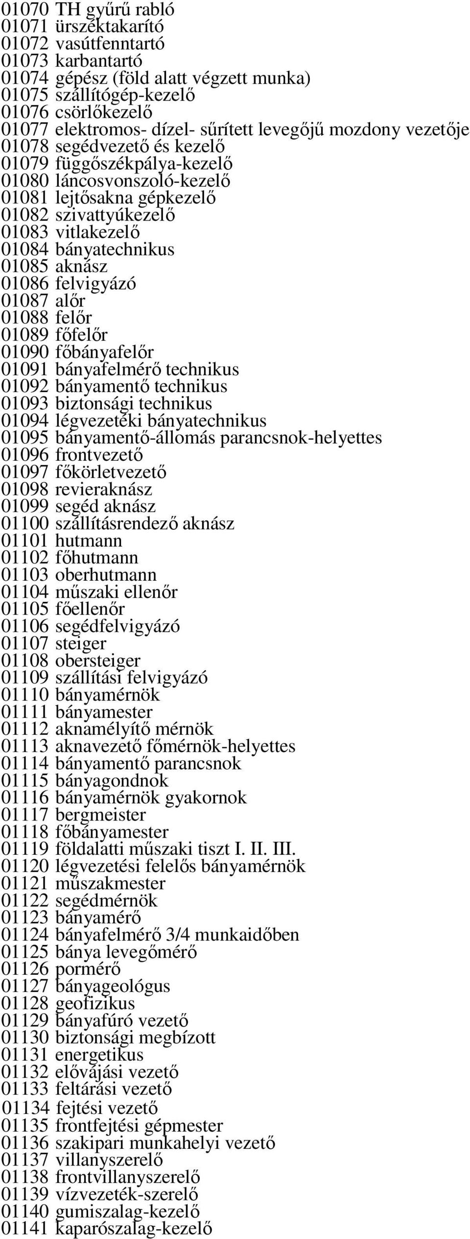 01085 aknász 01086 felvigyázó 01087 alır 01088 felır 01089 fıfelır 01090 fıbányafelır 01091 bányafelmérı technikus 01092 bányamentı technikus 01093 biztonsági technikus 01094 légvezetéki