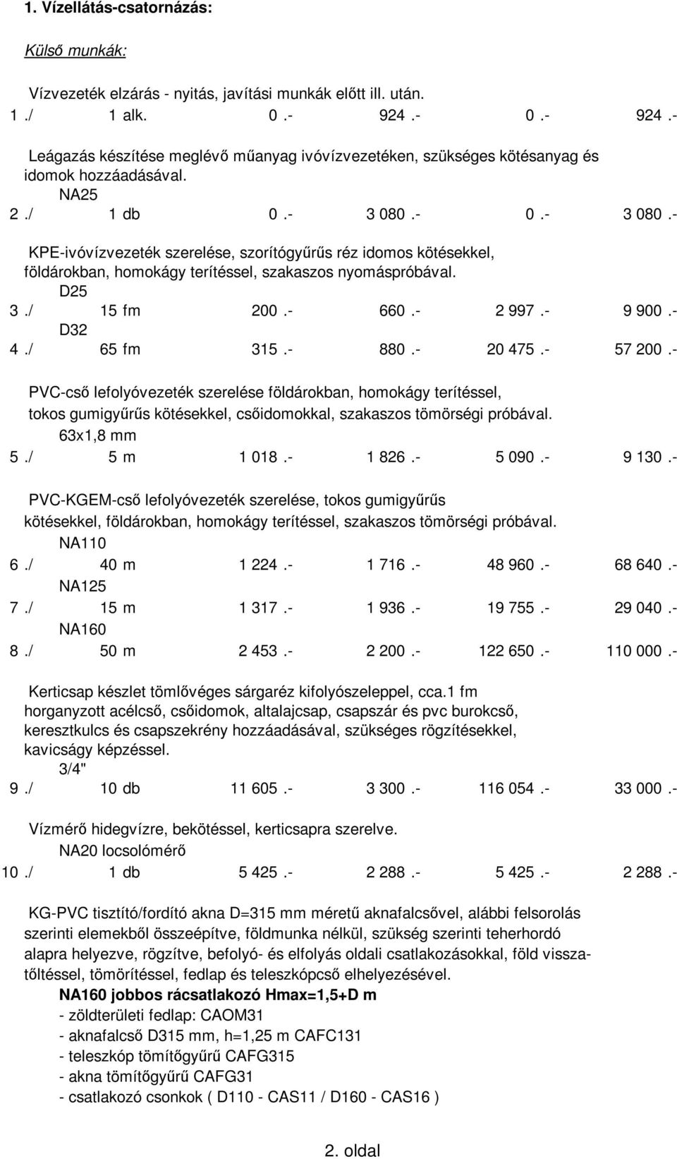 - 0.- 3 080.- KPE-ivóvízvezeték szerelése, szorítógyőrős réz idomos kötésekkel, földárokban, homokágy terítéssel, szakaszos nyomáspróbával. D25 3./ 15 fm 200.- 660.- 2 997.- 9 900.- D32 4./ 65 fm 315.