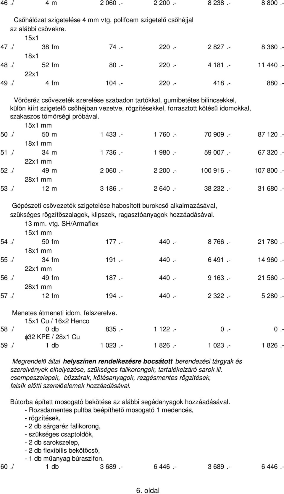 - Vörösréz csıvezeték szerelése szabadon tartókkal, gumibetétes bilincsekkel, külön kiírt szigetelı csıhéjban vezetve, rögzítésekkel, forrasztott kötéső idomokkal, szakaszos tömörségi próbával.