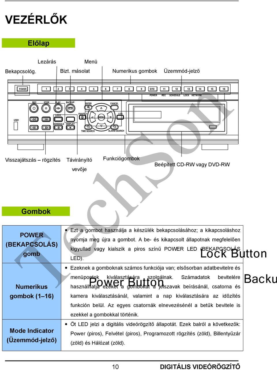 PAN/TILT ENTER TIME SEARCH Távirányító vevője MENU CANCEL LOG ALARM SEARCH POWER REC SCHEDULE LOCK NETWORK Ezt a gombot használja a készülék bekapcsolásához; a kikapcsoláshoz nyomja meg újra a gombot.