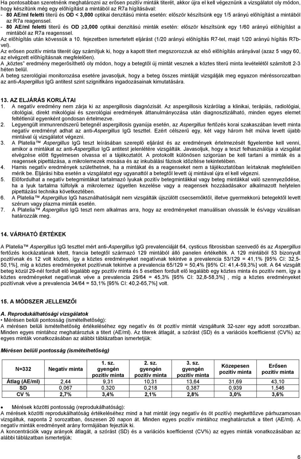 - 80 AE/ml feletti titerű és OD 3,000 optikai denzitású minták esetén: először készítsünk egy 1/60 arányú előhígítást a mintából az R7a reagenssel. Az előhígítás után kövessük a 10.