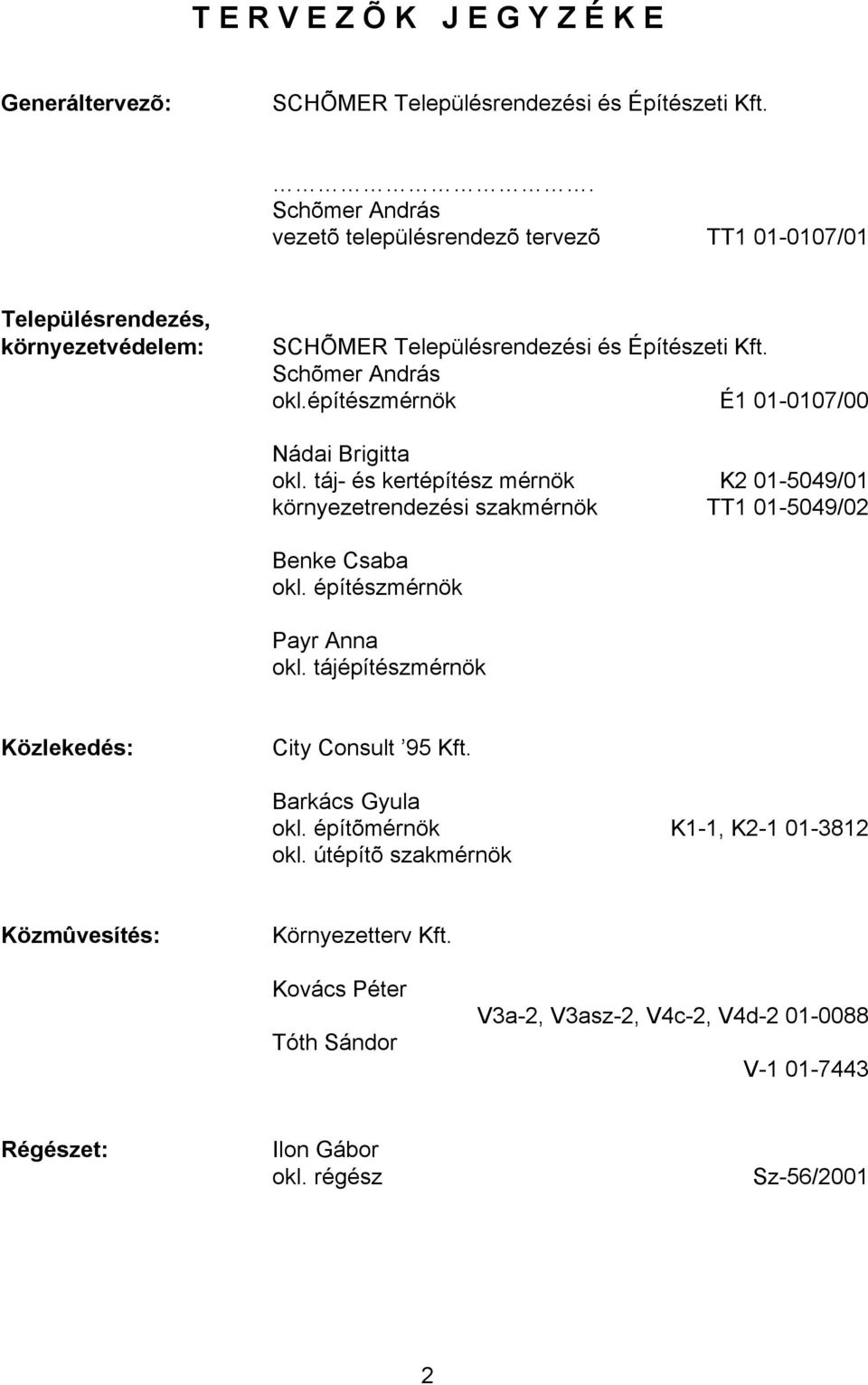 építészmérnök É1 01-0107/00 Nádai Brigitta okl. táj- és kertépítész mérnök K2 01-5049/01 környezetrendezési szakmérnök TT1 01-5049/02 Benke Csaba okl. építészmérnök Payr Anna okl.