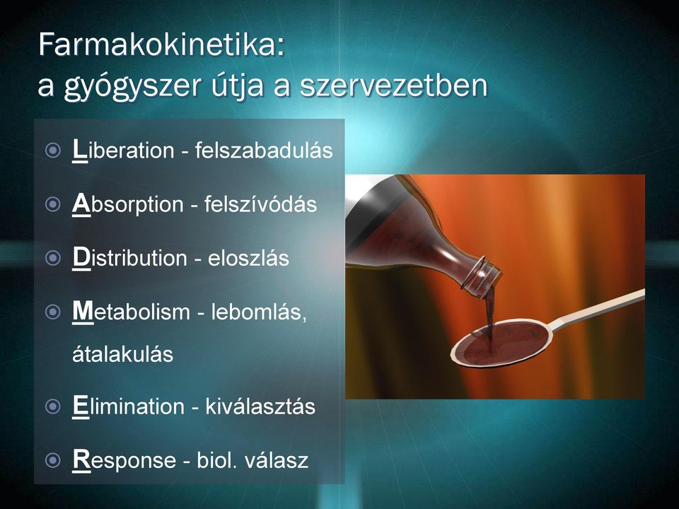 Distribution - eloszlás Metabolism - lebomlás,