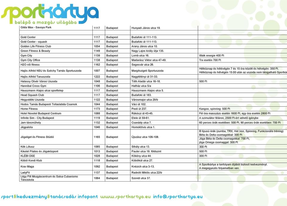 Walk energie 400 Ft Gym City Office 1138 Budapest Madarász Viktor utca 47-49. Trx esetén 700 Ft H2O női fitness 1162 Budapest Segesvár utca 26.