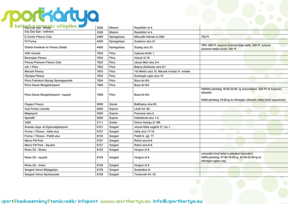 ANK Uszoda 7632 Pécs Apáczai körtér 1. Borostyán Fitness 7632 Pécs Készűi út 76. Fitnexx Premium Fitness Club 7623 Pécs Jászai Mari utca 2-4. Life 1 Pécs 7622 Pécs Bajcsy-Zsilinszky utca 2/1.