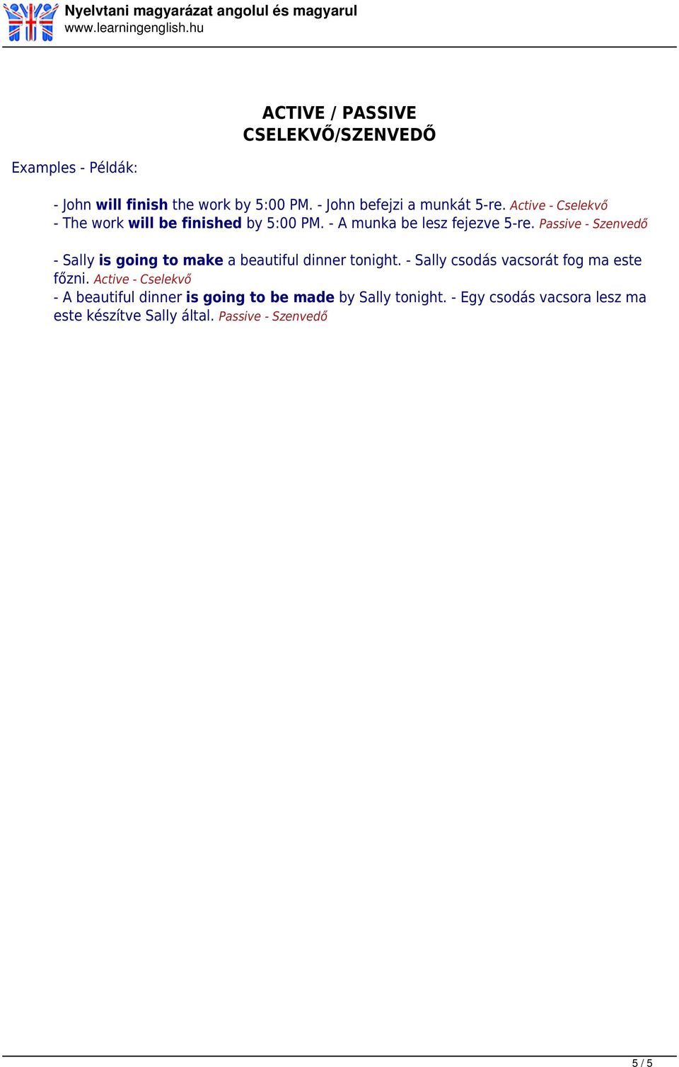 - John befejzi a munkát 5-re. Active - Cselekvő - The work will be finished by 5:00 PM. - A munka be lesz fejezve 5-re.