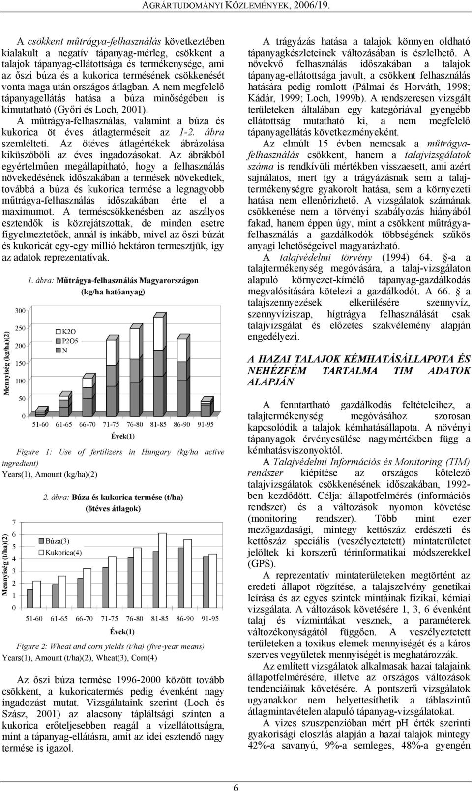 A műtrágya-felhasználás, valamint a búza és kukorica öt éves átlagterméseit az 1-2. ábra szemlélteti. Az ötéves átlagértékek ábrázolása kiküszöböli az éves ingadozásokat.