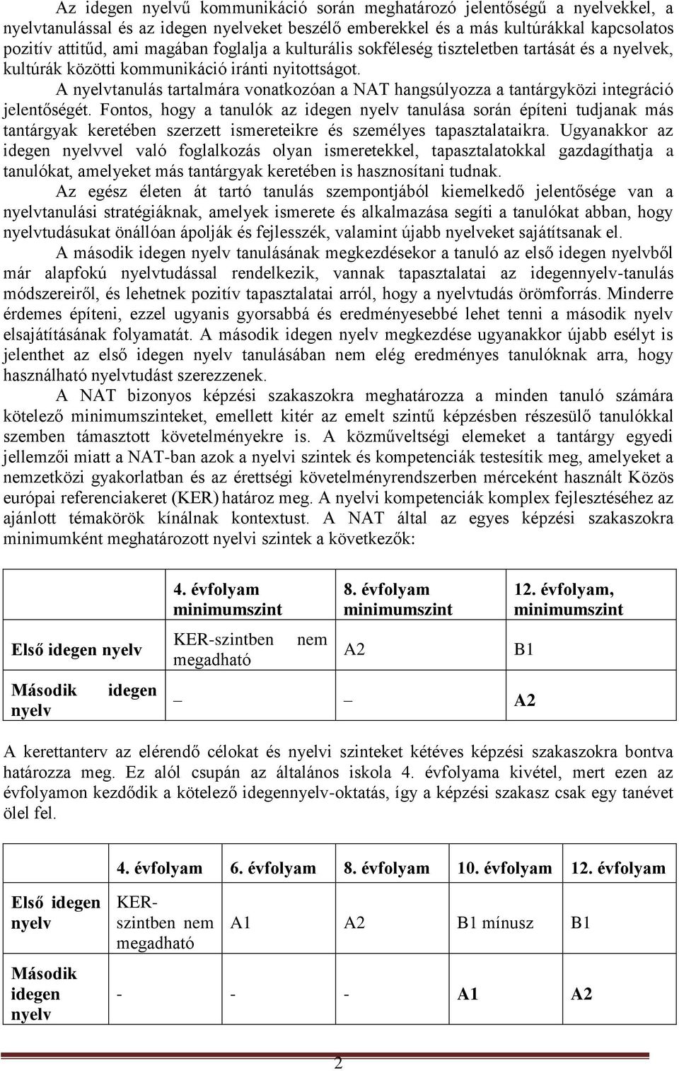 A nyelvtanulás tartalmára vonatkozóan a NAT hangsúlyozza a tantárgyközi integráció jelentőségét.