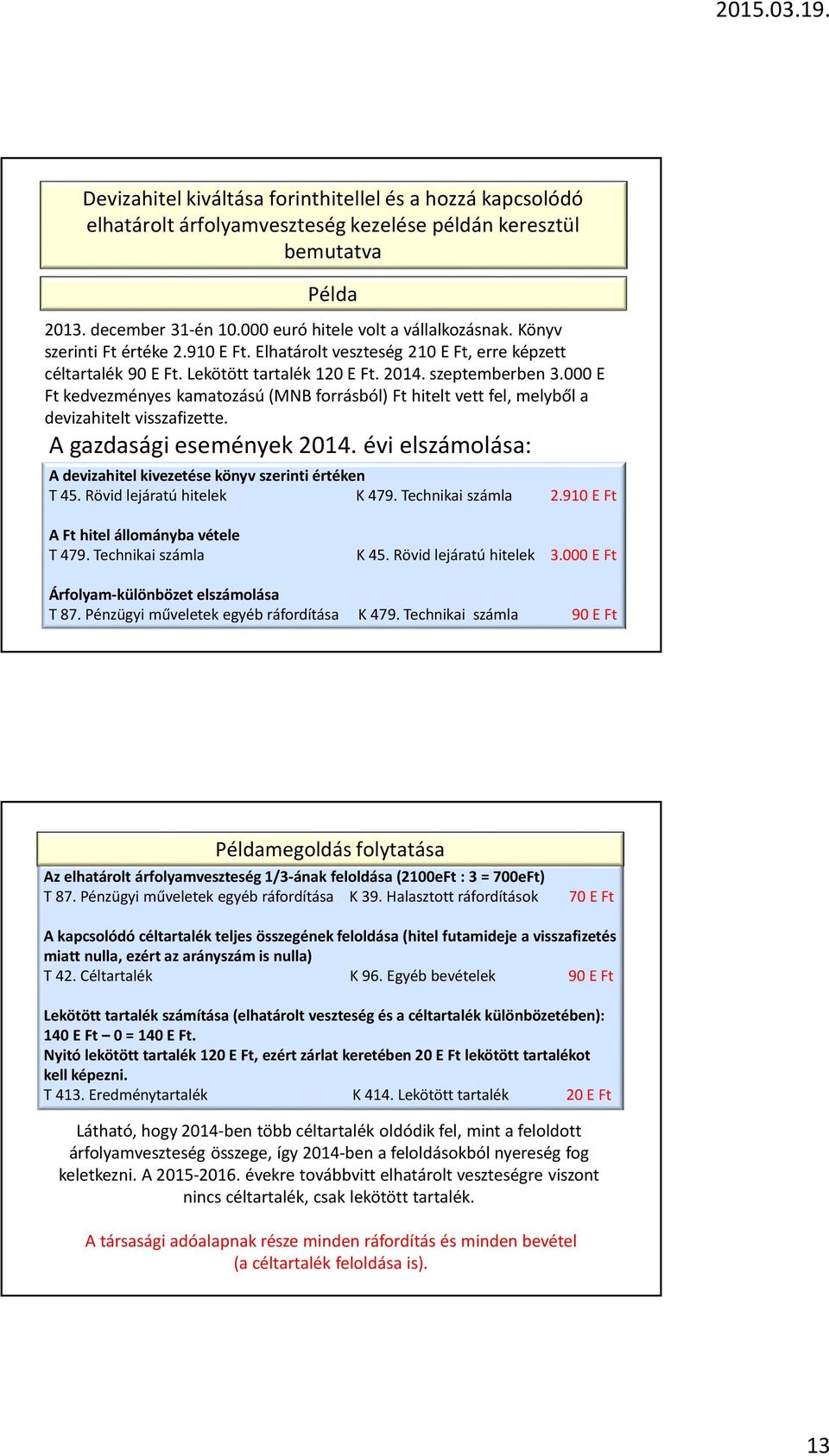 000 E Ft kedvezményes kamatozású (MNB forrásból) Ft hitelt vett fel, melyből a devizahitelt visszafizette. A gazdasági események 2014.