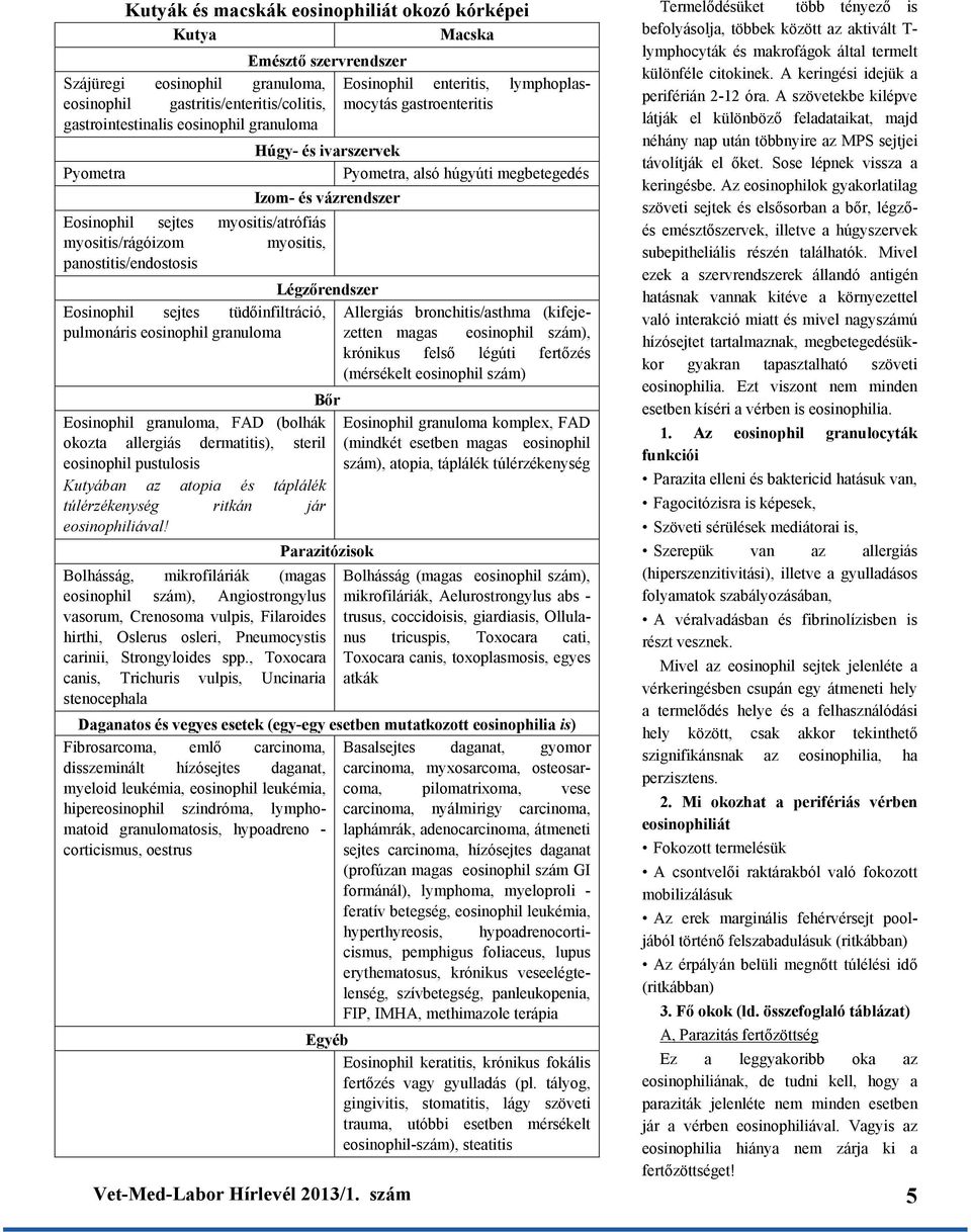 myositis, panostitis/endostosis Légzrendszer Eosinophil sejtes tüdinfiltráció, Allergiás bronchitis/asthma (kifejepulmonáris eosinophil granuloma zetten magas eosinophil szám), krónikus fels légúti