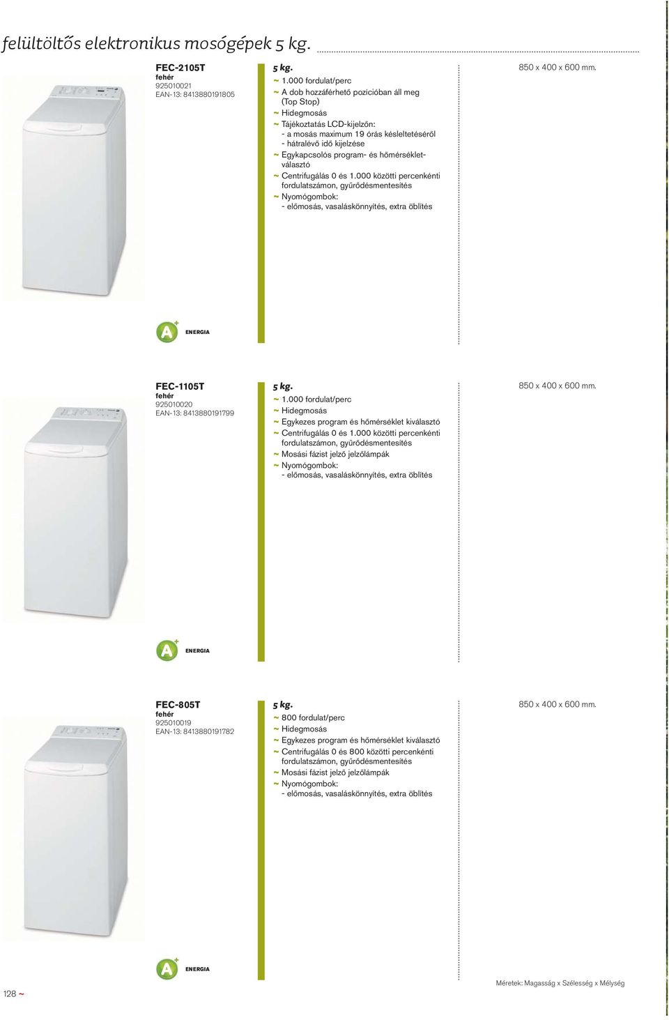 program- és hőmérsékletválasztó ~ Centrifugálás 0 és 1.000 közötti percenkénti fordulatszámon, gyűrődésmentesítés - előmosás, vasaláskönnyítés, extra öblítés 850 x 400 x 600 mm.