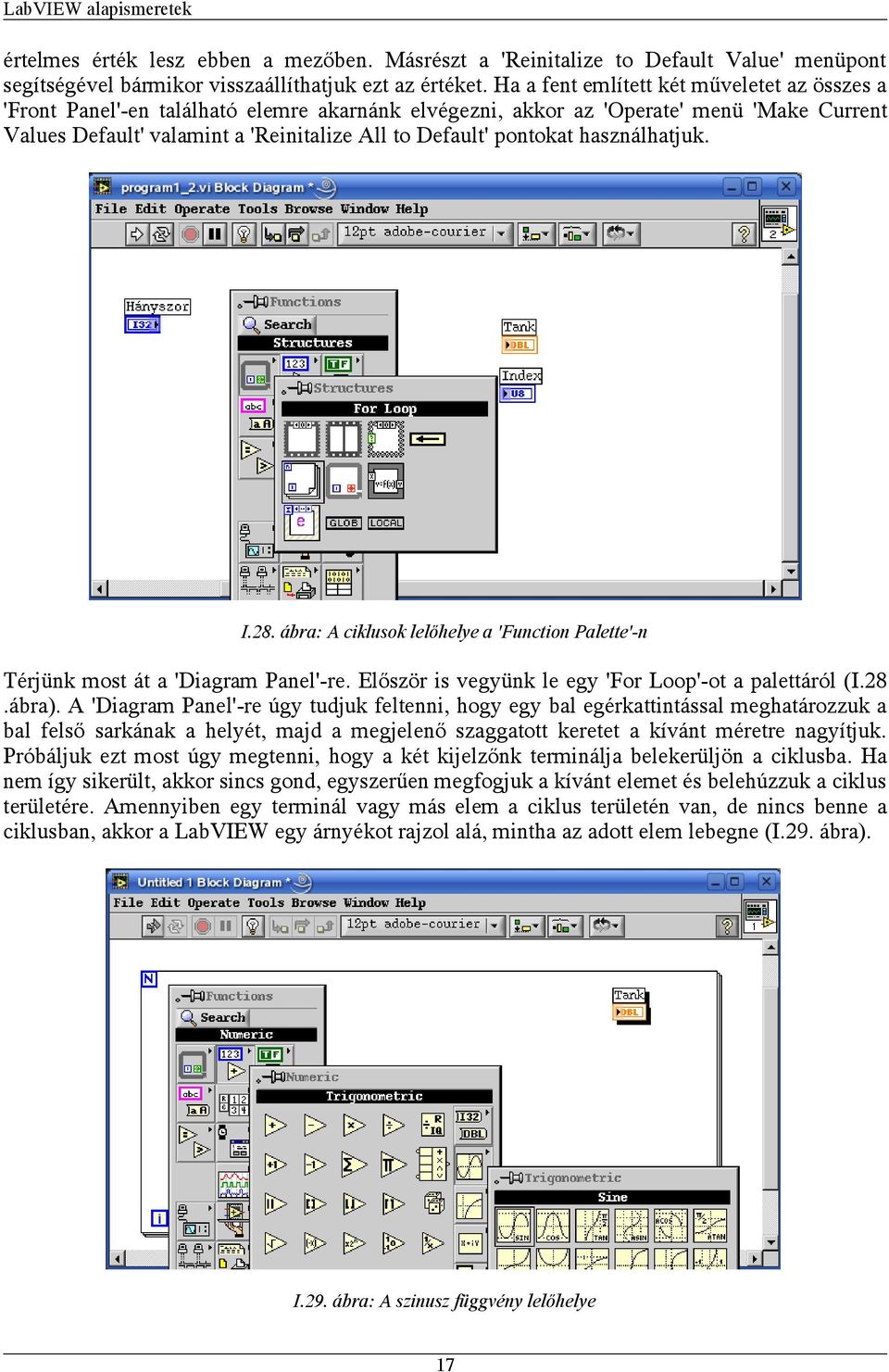 pontokat használhatjuk. I.28. ábra: A ciklusok lelőhelye a 'Function Palette'-n Térjünk most át a 'Diagram Panel'-re. Először is vegyünk le egy 'For Loop'-ot a palettáról (I.28.ábra).