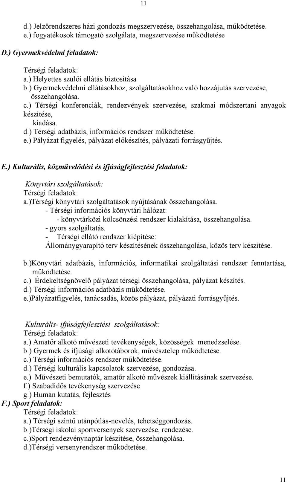) Térségi konferenciák, rendezvények szervezése, szakmai módszertani anyagok készítése, kiadása. d.) Térségi adatbázis, információs rendszer működtetése. e.
