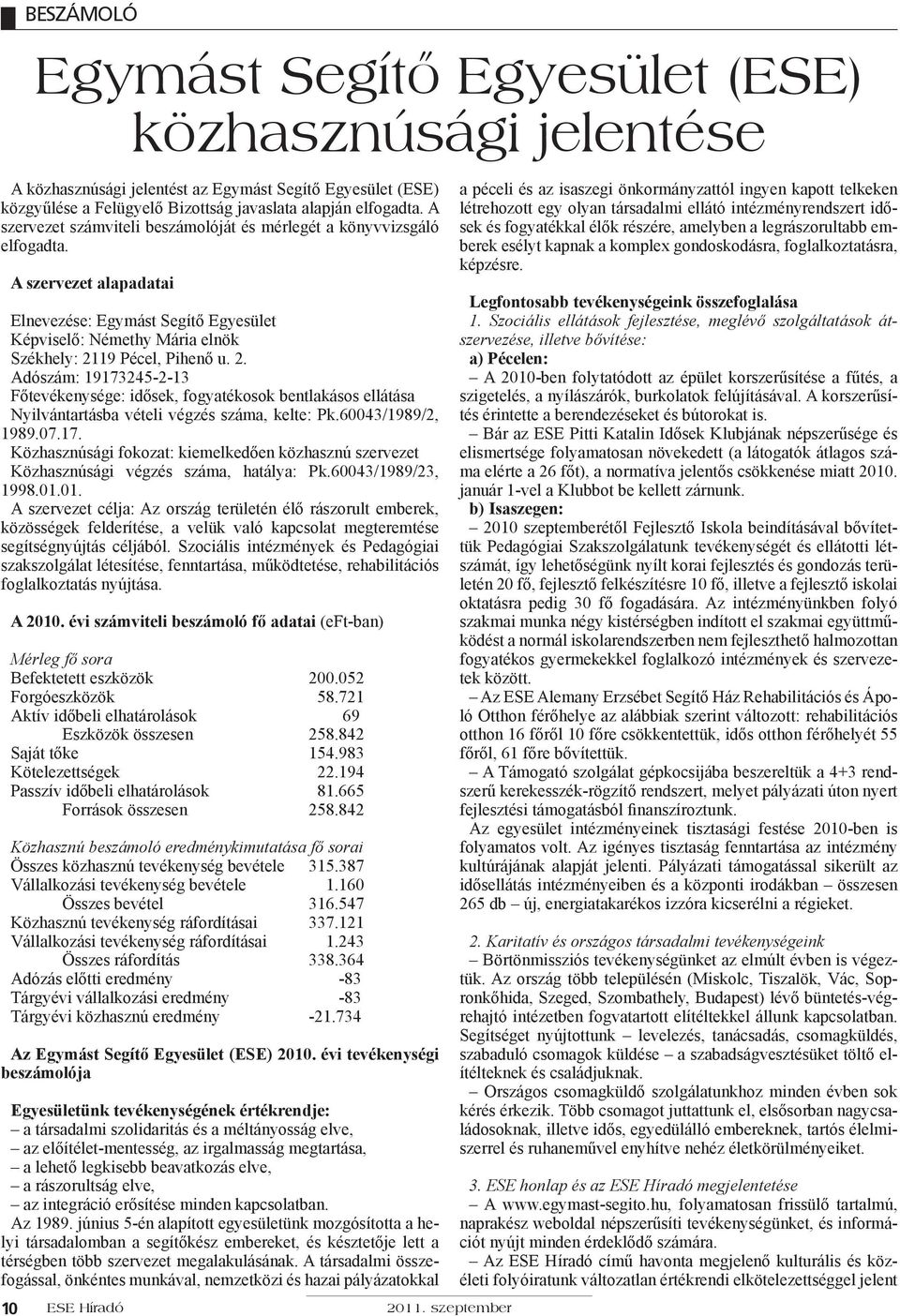 19 Pécel, Pihenő u. 2. Adószám: 19173245-2-13 Főtevékenysége: idősek, fogyatékosok bentlakásos ellátása Nyilvántartásba vételi végzés száma, kelte: Pk.60043/1989/2, 1989.07.17. Közhasznúsági fokozat: kiemelkedően közhasznú szervezet Közhasznúsági végzés száma, hatálya: Pk.