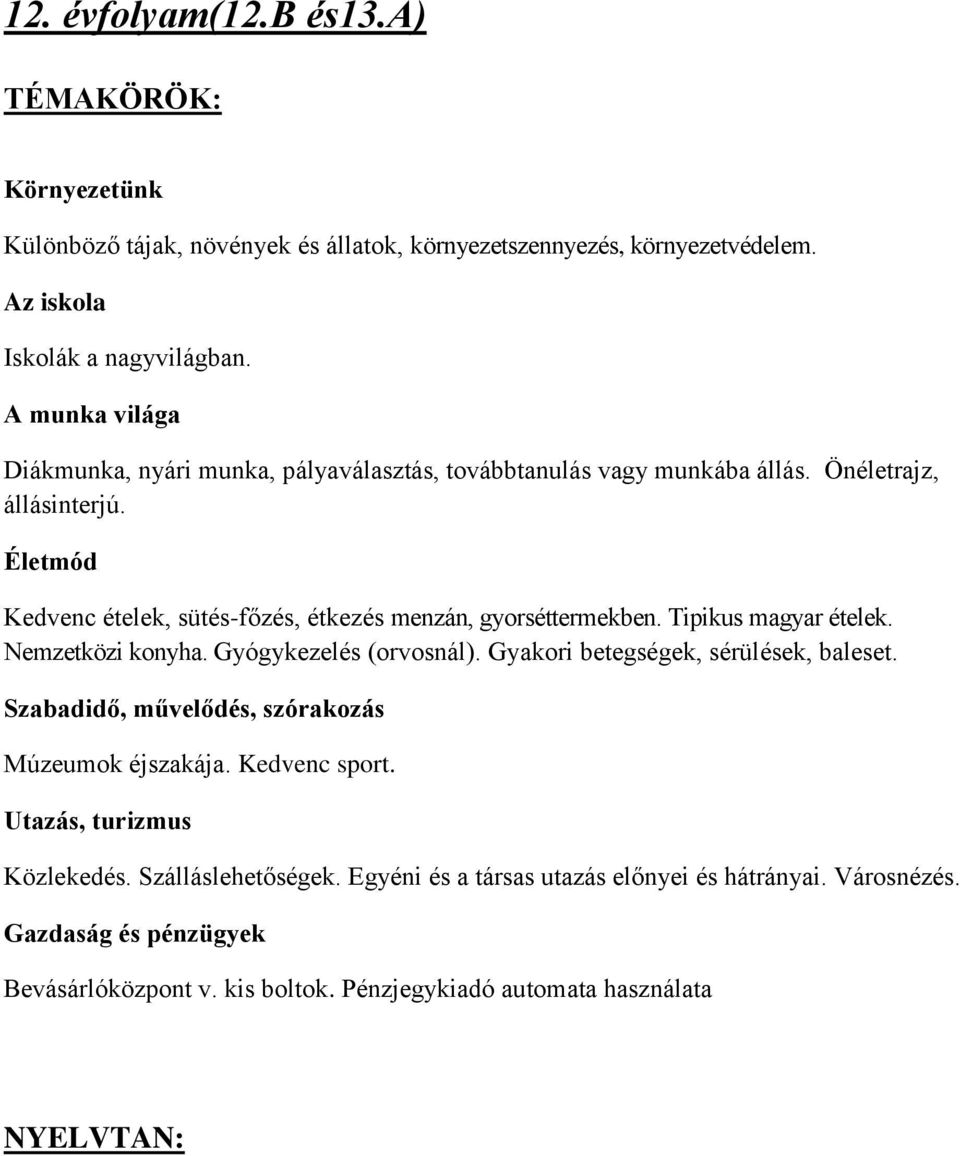 Életmód Kedvenc ételek, sütés-főzés, étkezés menzán, gyorséttermekben. Tipikus magyar ételek. Nemzetközi konyha. Gyógykezelés (orvosnál). Gyakori betegségek, sérülések, baleset.