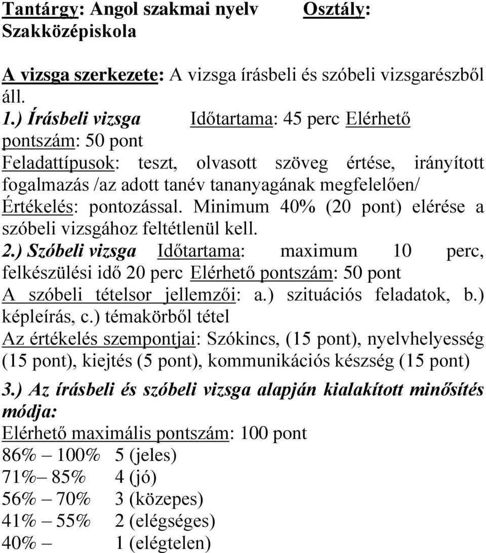 Minimum 40% (20 pont) elérése a szóbeli vizsgához feltétlenül kell. 2.) Szóbeli vizsga Időtartama: maximum 10 perc, felkészülési idő 20 perc Elérhető pontszám: 50 pont A szóbeli tételsor jellemzői: a.