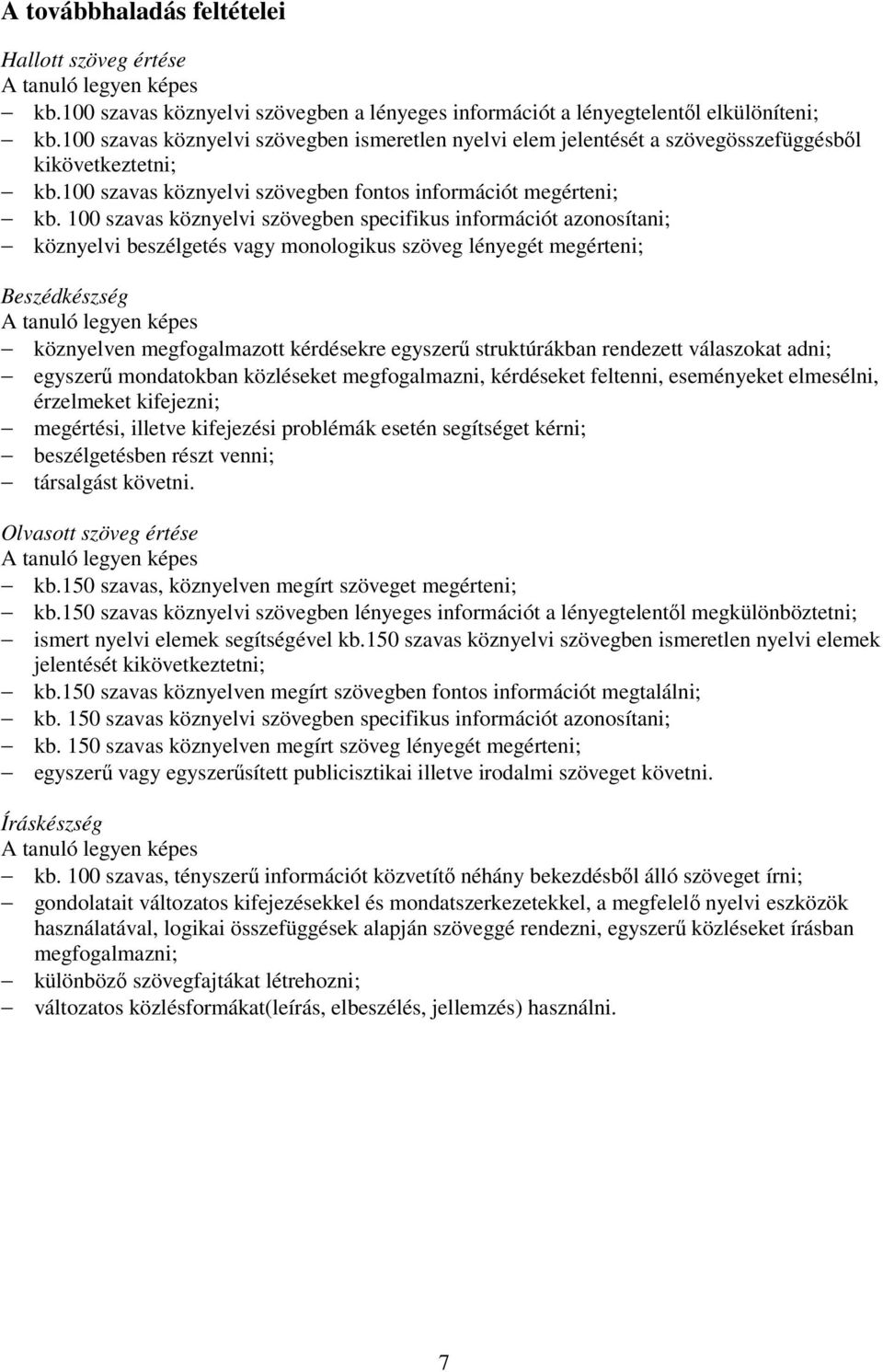 100 szavas köznyelvi szövegben specifikus információt azonosítani; köznyelvi beszélgetés vagy monologikus szöveg lényegét megérteni; Beszédkészség köznyelven megfogalmazott kérdésekre egyszerű