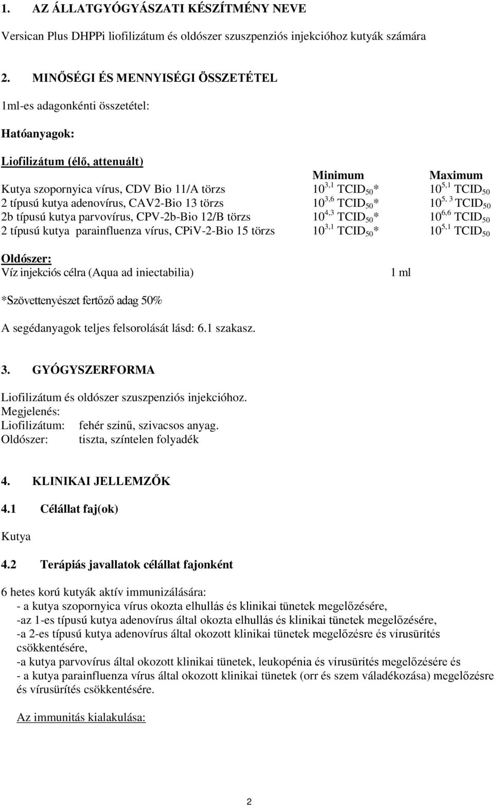 2 típusú kutya adenovírus, CAV2-Bio 13 törzs 10 3,6 TCID 50 * 10 5, 3 TCID 50 2b típusú kutya parvovírus, CPV-2b-Bio 12/B törzs 10 4,3 TCID 50 * 10 6,6 TCID 50 2 típusú kutya parainfluenza vírus,