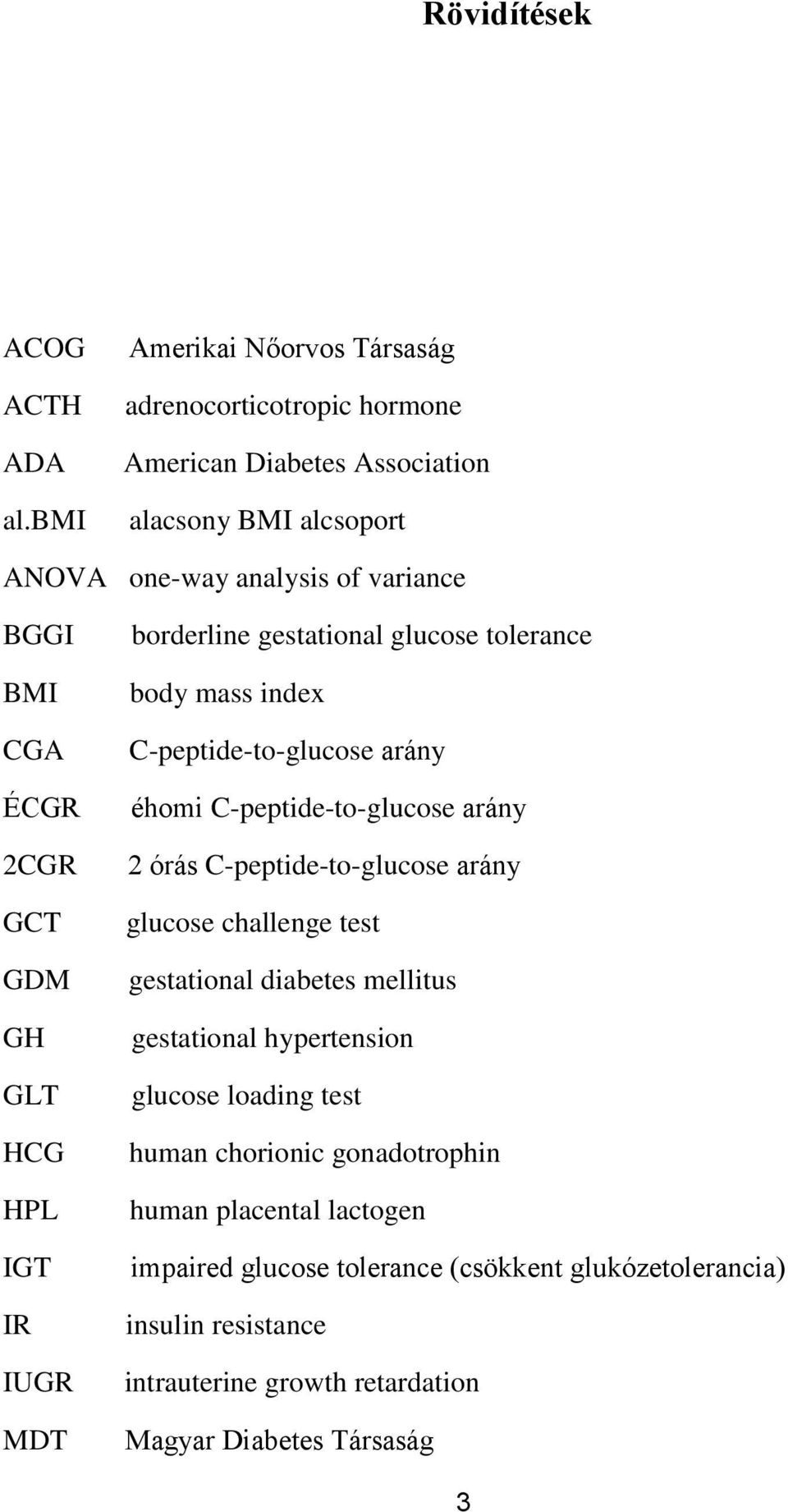 GCT GDM GH GLT HCG HPL IGT IR IUGR MDT borderline gestational glucose tolerance body mass index C-peptide-to-glucose arány éhomi C-peptide-to-glucose arány 2 órás