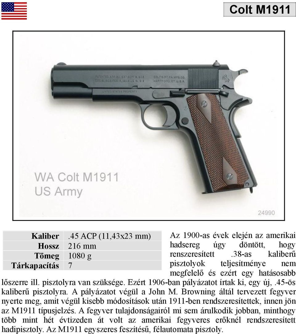 Browning áltál tervezett fegyver nyerte meg, amit végül kisebb módosítások után 1911-ben rendszeresítettek, innen jön az M1911 típusjelzés.