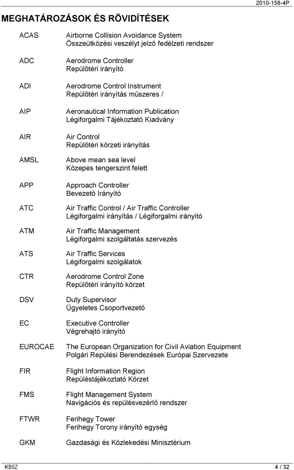 körzeti irányítás Above mean sea level Közepes tengerszint felett Approach Controller Bevezető Irányító Air Traffic Control / Air Traffic Controller Légiforgalmi irányítás / Légiforgalmi irányító Air