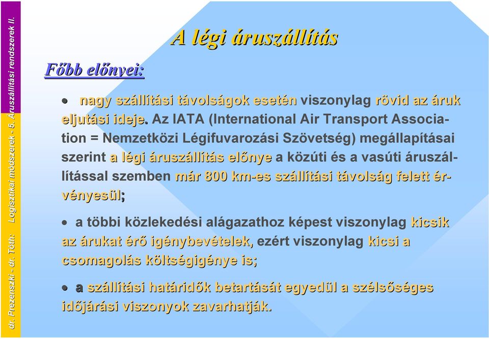 Az IATA (International Air Transport Association = Nemzetközi Légifuvarozási Szövetség) megállapításai szerint a légi áruszállítás előnye a közúti és a vasúti