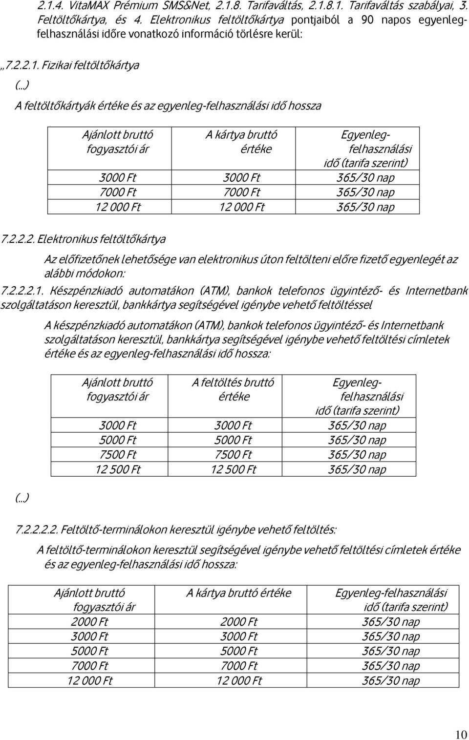 Fizikai feltöltőkártya ( ) A feltöltőkártyák értéke és az egyenleg-felhasználási idő hossza Ajánlott bruttó fogyasztói ár 7.2.