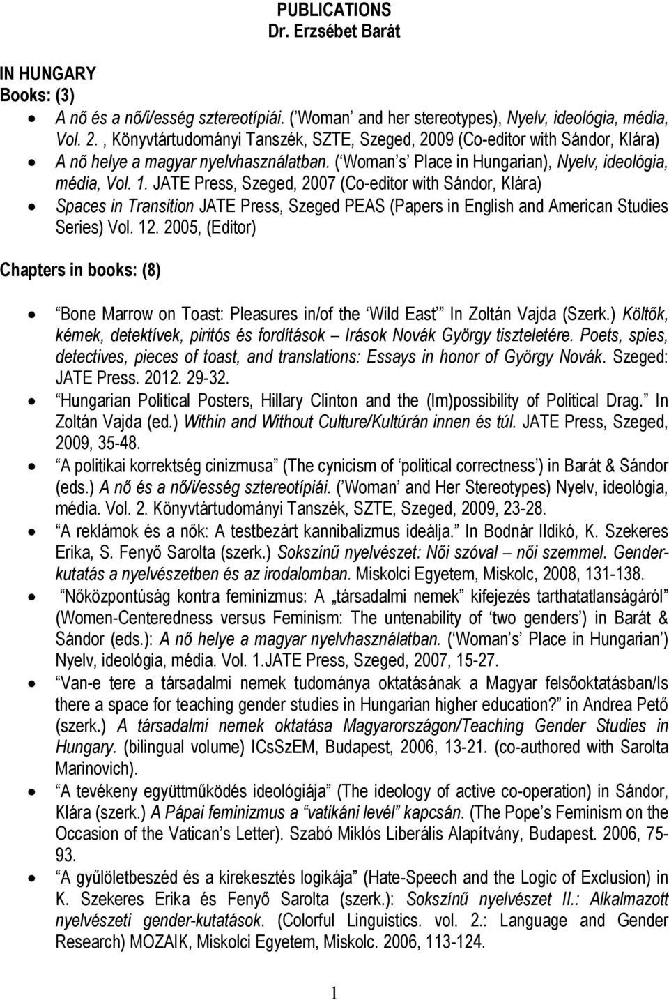 JATE Press, Szeged, 2007 (Co-editor with Sándor, Klára) Spaces in Transition JATE Press, Szeged PEAS (Papers in English and American Studies Series) Vol. 12.