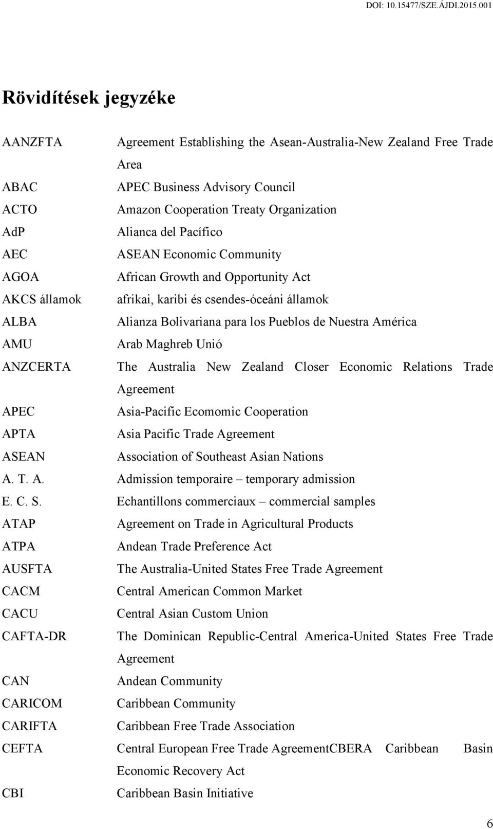 Arab Maghreb Unió ANZCERTA The Australia New Zealand Closer Economic Relations Trade Agreement APEC Asia-Pacific Ecomomic Cooperation APTA Asia Pacific Trade Agreement ASEAN Association of Southeast