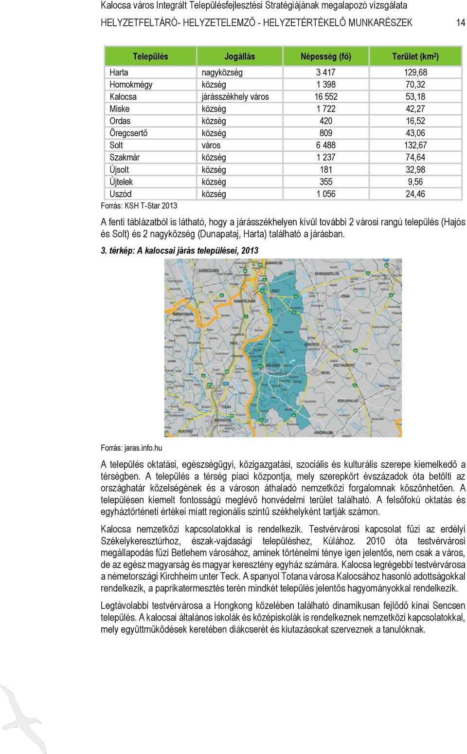 község 1 056 24,46 Forrás: KSH T-Star 2013 A fenti táblázatból is látható, hogy a járásszékhelyen kívül további 2 városi rangú település (Hajós és Solt) és 2 nagyközség (Dunapataj, Harta) található a