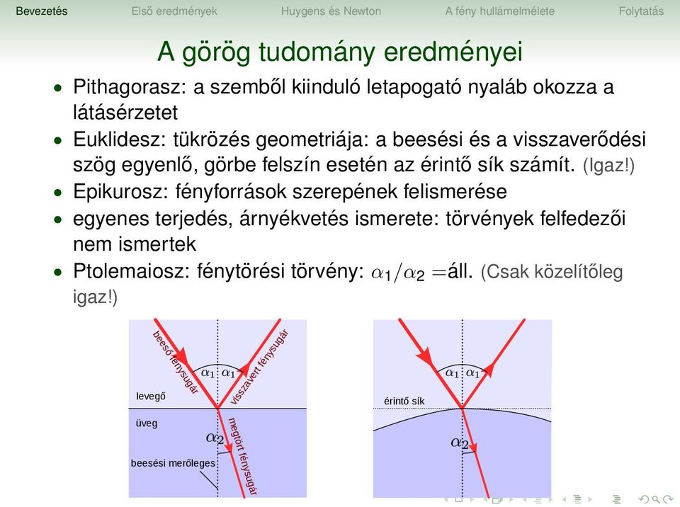 ) Epikurosz: fényforrások szerepének felismerése egyenes terjedés, árnyékvetés ismerete: törvények felfedezői nem ismertek