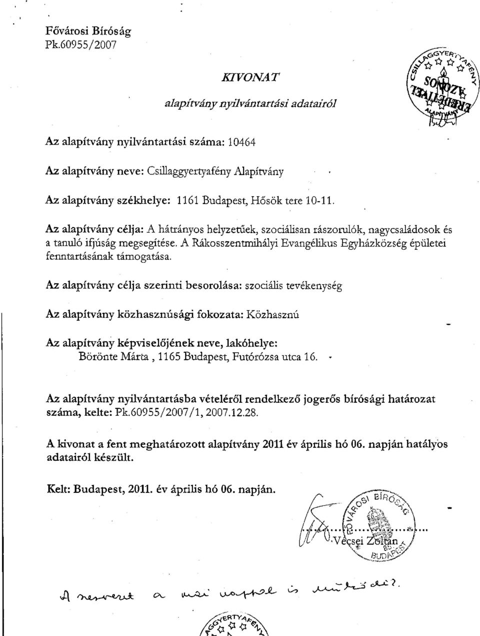 Hősök tere 10-11. Az alapítvány célja: A hátrányos helyzetűek, szociálisan rászorulók, nagycsaládosok és a tanuló ifjúság megsegítése.