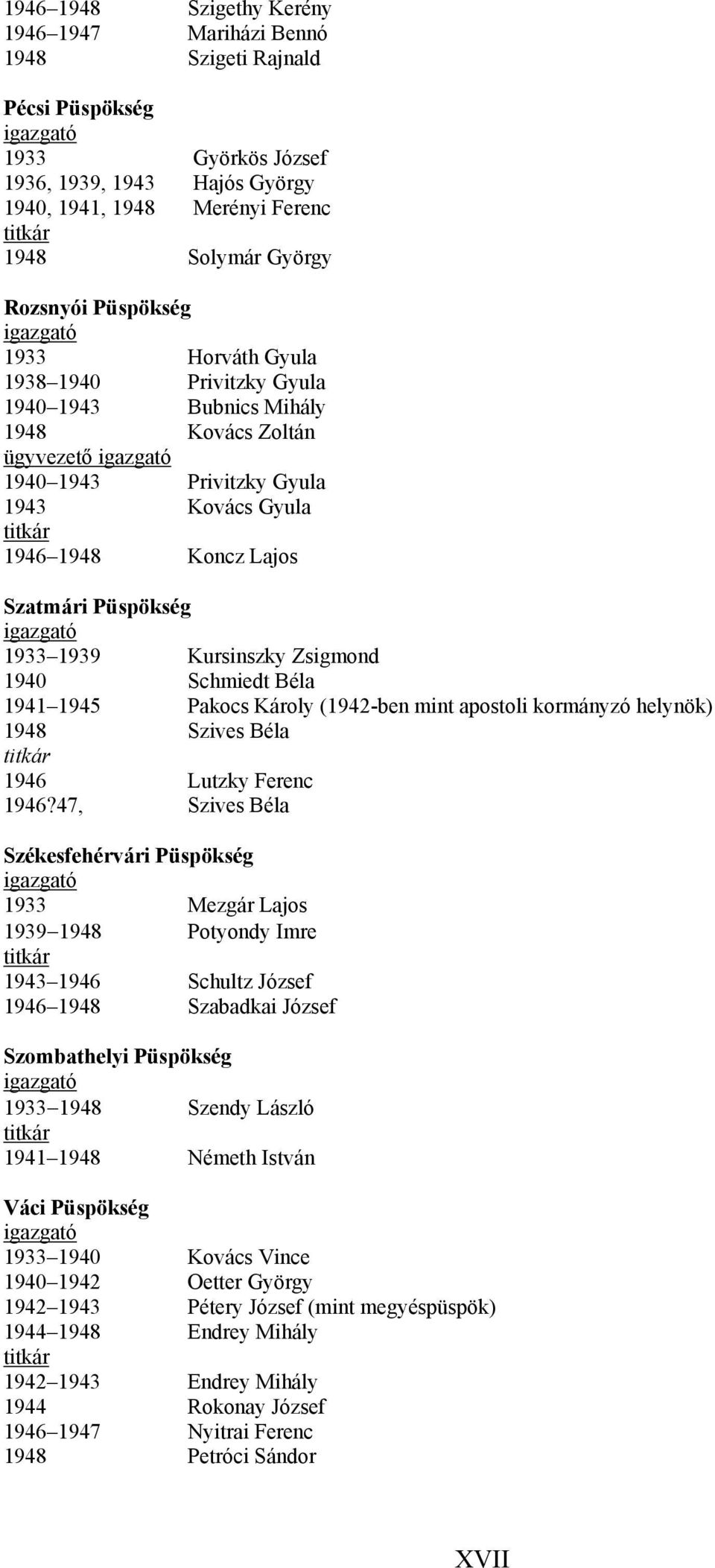 1948 Koncz Lajos Szatmári Püspökség igazgató 1933 1939 Kursinszky Zsigmond 1940 Schmiedt Béla 1941 1945 Pakocs Károly (1942-ben mint apostoli kormányzó helynök) 1948 Szives Béla titkár 1946 Lutzky