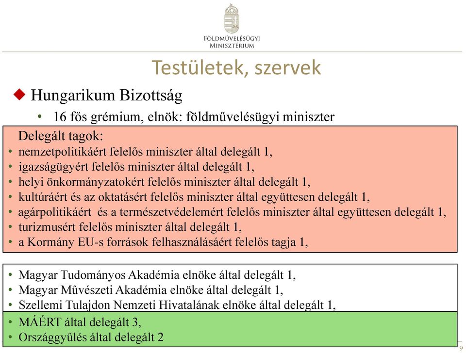 természetvédelemért felelős miniszter által együttesen delegált 1, turizmusért felelős miniszter által delegált 1, a Kormány EU-s források felhasználásáért felelős tagja 1, Magyar