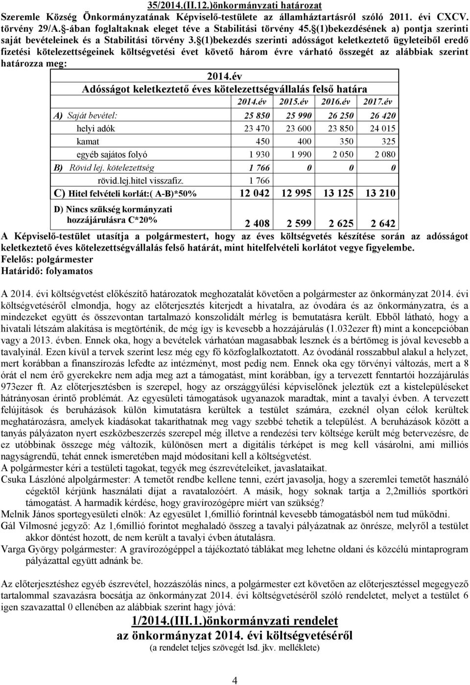 (1)bekezdés szerinti adósságot keletkeztető ügyleteiből eredő fizetési kötelezettségeinek költségvetési évet követő három évre várható összegét az alábbiak szerint határozza meg: 2014.