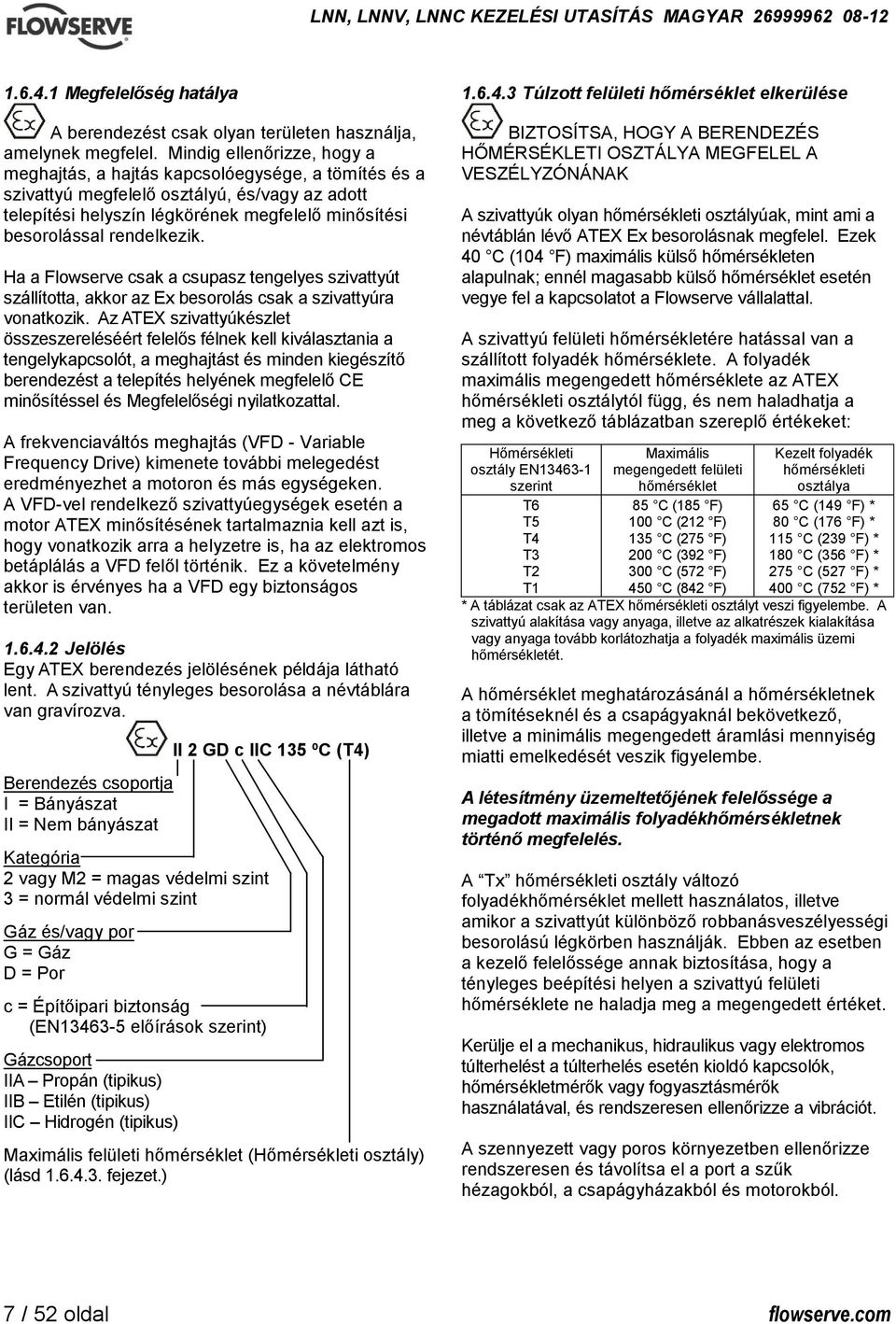 rendelkezik. Ha a Flowserve csak a csupasz tengelyes szivattyút szállította, akkor az Ex besorolás csak a szivattyúra vonatkozik.